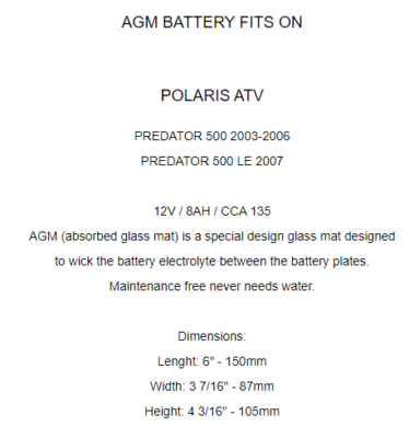 AGM Battery for Polaris Predator 500 2003 2004 2005 2006 2007