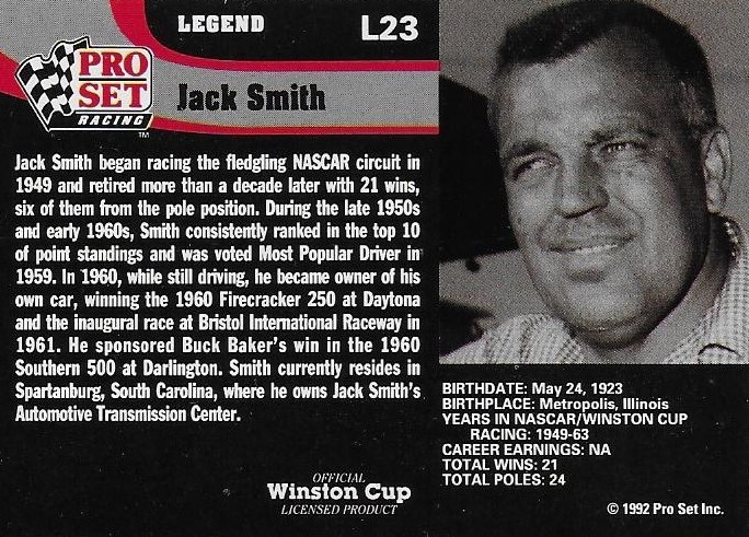 JACK SMITH AUTOGRAPHED SIGNED 1992 PRO SET RACING NASCAR PHOTO TRADING CARD #L23