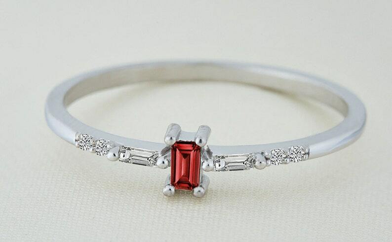 Pre-owned Handmade Ruby Ring / Baguette Ruby Ring/14k Solid Gold Minimalist Ruby Ring Stacking Ring In Red