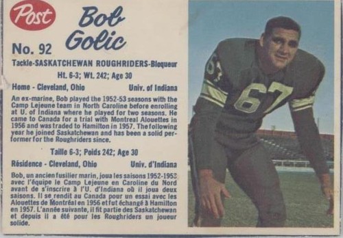 1962 Post Cereal CFL Bob Golic #92