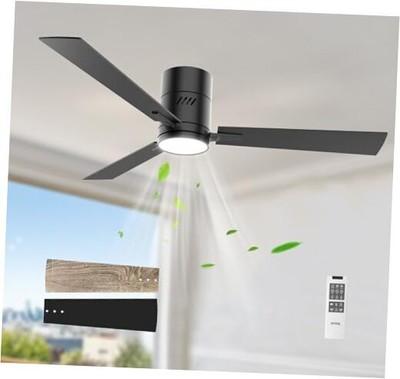 52 inch Ceiling Fan with Light, Remote Control, Flush Mount, Noiseless, Black