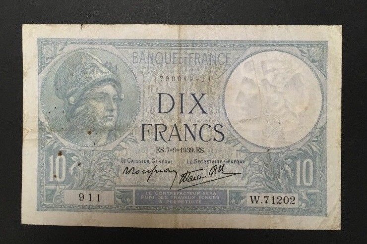 France 10 Francs Minerve  7  9  1939   Etat : B    Lot W 71202