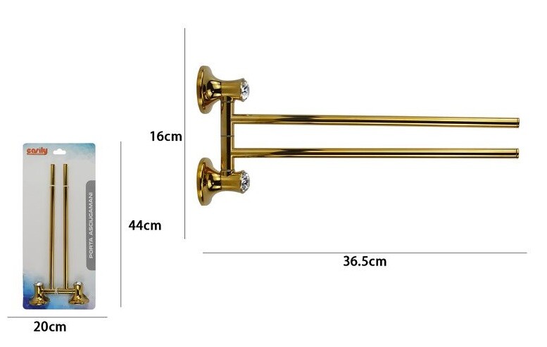 Porta Asciugamani 2 Bracci A Parete Bagno Dorato Crystal dfh