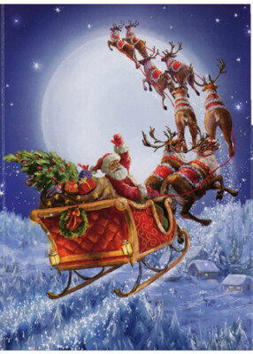 Santa Flying Sleigh Across Full Moon Tri-Fold Panorama Box of 12 Christmas Cards