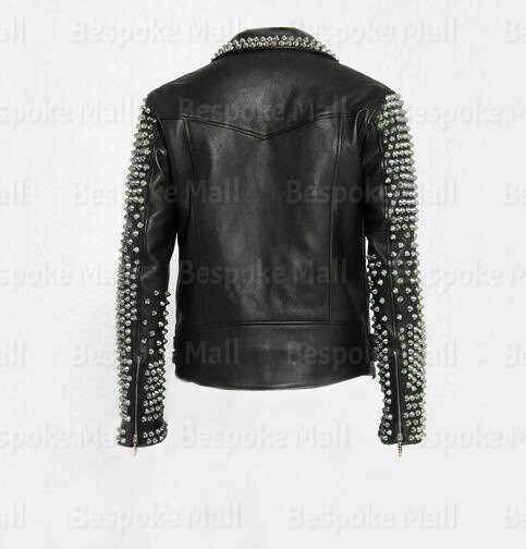 Pre-owned Handmade Men's Black Silver Studded Brando Cowhide Unique Biker Leather Jacket-800