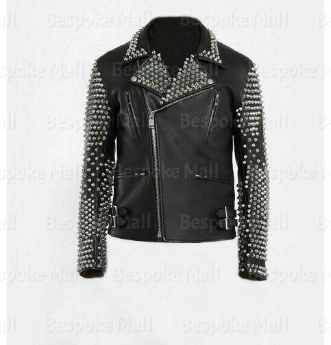 Pre-owned Handmade Men's Black Silver Studded Brando Cowhide Unique Biker Leather Jacket-800