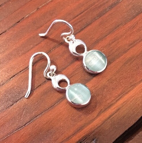 Sterling Silver - Round Light Green Cats Eye Dangle Earrings