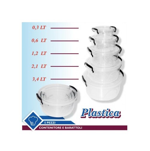 Set 5 Pz Contenitori In Plastica Rotondi Con Coperchio Per Alimenti sus
