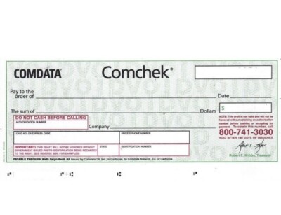 Blank Green Comchecks Comdata -Five Checks @ $14.99 Sheets of Five