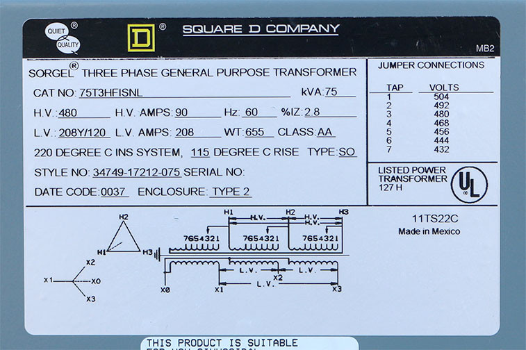 Square D 75T3HFISNL Sorgel Three Phase General Purpose Transformer 75kVA
