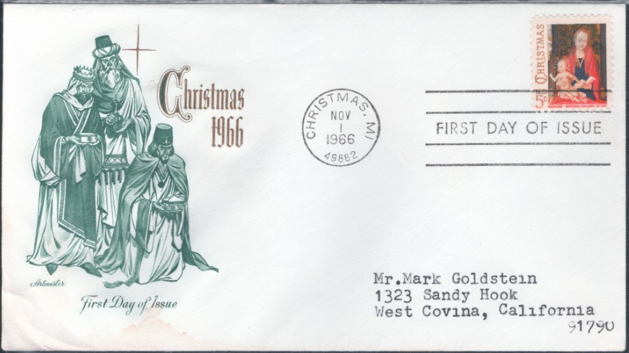 1966 Artmaster FDC USPS #1321 5c Christmas Madona & Child Addressed ST3576