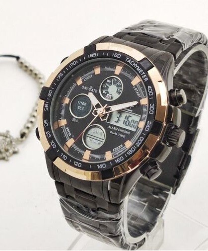 Orologio Polso ZCC 8988 Uomo Quarzo Acciaio Dual Time Nero Dorato lac