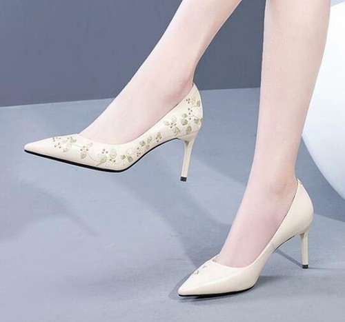 Womens Real Leather Embroidery Floral Casual Shoes Mid-high Heels Platform D387