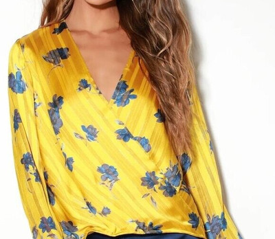 Lush Mustard Yellow Floral Sheer Long Sleeve Blouse Plunging Neckline Size Med