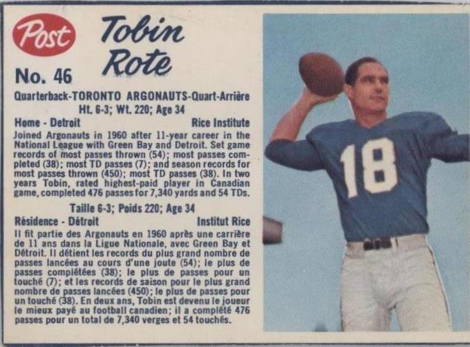 1962 Post Cereal CFL Tobin Rote #46