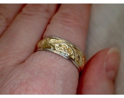 COLUMBIA Vintage Wedding Band, 14K, Two Tone, Floral Design