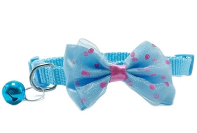 Cat Dog Pet Collar Stylish Knitted Bowknot Dot Bell Adjustable Buckle Sky Blue