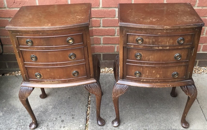 Pair Queen Anne style bow fronted cabriole leg bedside cupboard