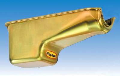 Milodon Engine Oil Pan 30401; Street/Strip Deep Sump 6qt Gold Iridited for SBC