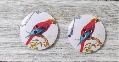 bird macaw wood Sewing buttons 4 Holes 1 1/4 inch green red 2pc set new