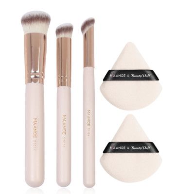 Maange 3Pcs Makeup Brushes + 2Pcs Triangle Powder Puff Set Concealer Eye Shadow