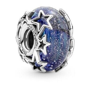 New Pandora Galaxy Blue & Star Murano Charm Bead w/pouch