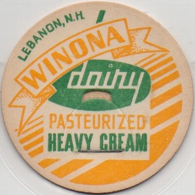 Milk Cap- Winona Dairy - Lebanon, New Hampshire, NH - PASTEURIZED HEAVY CREAM