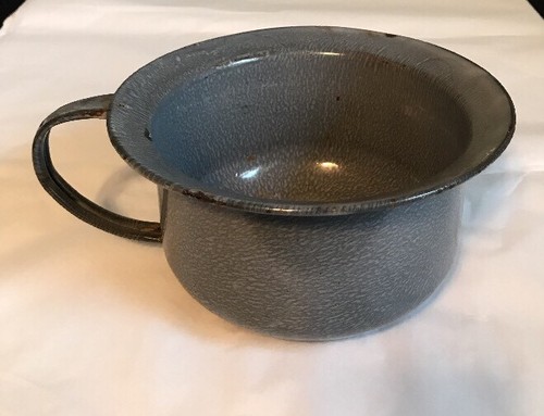 Vintage Enamelware Graniteware Gray Grey Bowl With Handle