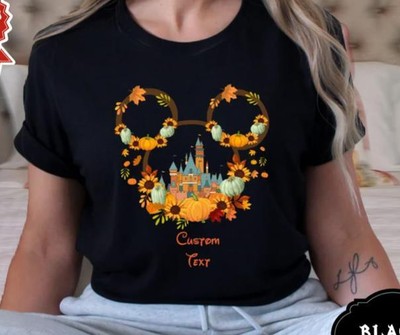 Cute Disney Castle Thanksgiving Couple Shirt, Mickey Minnie Fall Leaves Pumpkin