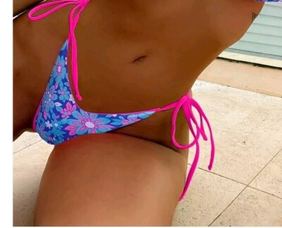 NEW SHEIN Womens Pink Blue Floral Low Rise Tanga Swim Bikini Bottoms Tie Size L