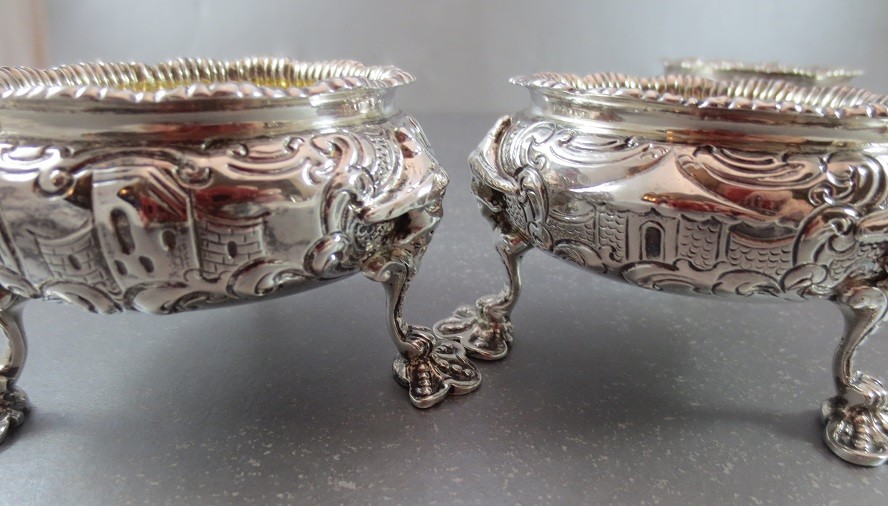 RARE SET OF 4 PAUL STORR & MORTIMER MASTER SALTS! CHINOISERIE LONDON 1860. HUGE!