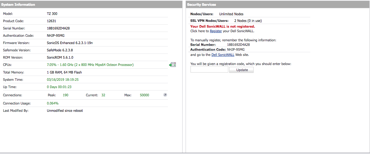 Dell SonicWALL TZ300 1.6Ghz 1GB RAM VPN Firewall Security Device Unregistered