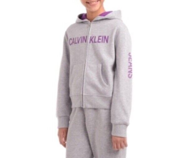 Calvin Klein Big Girls Logo Zip-up Hoodie - Light Gray & Purpl...