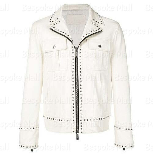 Pre-owned Handmade Man's  Half White Silver Studded Punk Cowhide Leather Jacket- 61