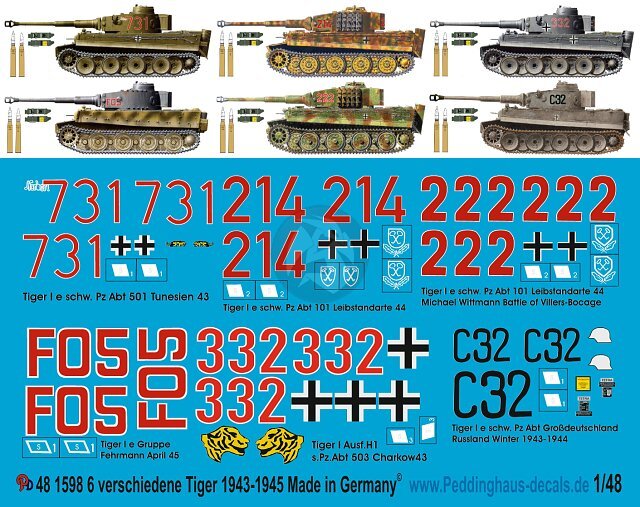 Peddinghaus 1/48 Various German Tiger I Tank Markings WWII No.4 (6 tanks) 1598