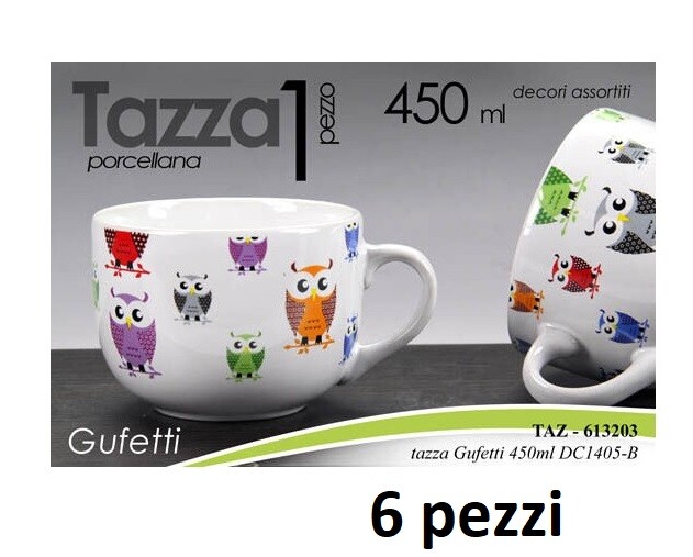 Set 6 Pezzi Tazza Porcellana Bianca Latte Colazione 450ml Gufetti