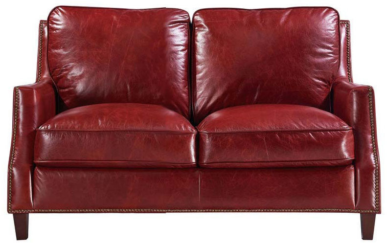 3 Piece Traditional Red Genuine Leather Sofa, Loveseat & Chair - Nailhead Trim