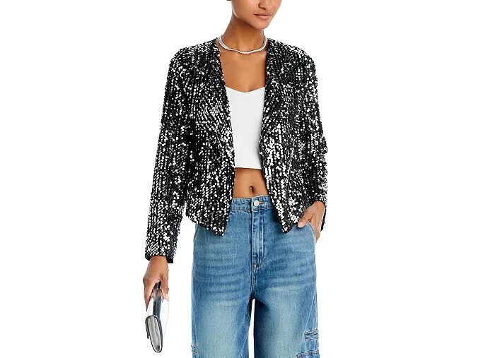 AQUA Velvet Sequin Open Jacket Women's M Black Shawl Collar Long Sleeve Pull On - Picture 2 of 16