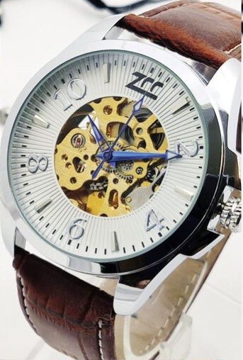 Orologio Polso ZCC 3715 Uomo Automatico Cinturino Pelle Casual Marron Silver lac