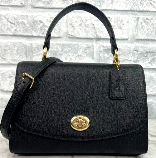 Coach F76618 Tilly Satchel Handbag Crossgrain Leather Black Top Handle