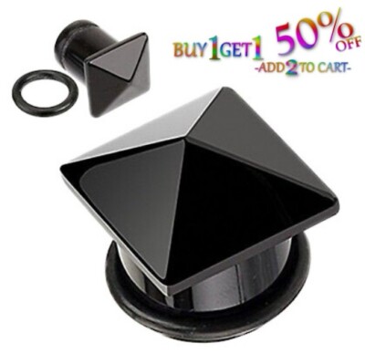 Pair 8g-25mm  BLACK ONYX PYRAMID STONE PLUGS Single Flare Gauges Organic  2210