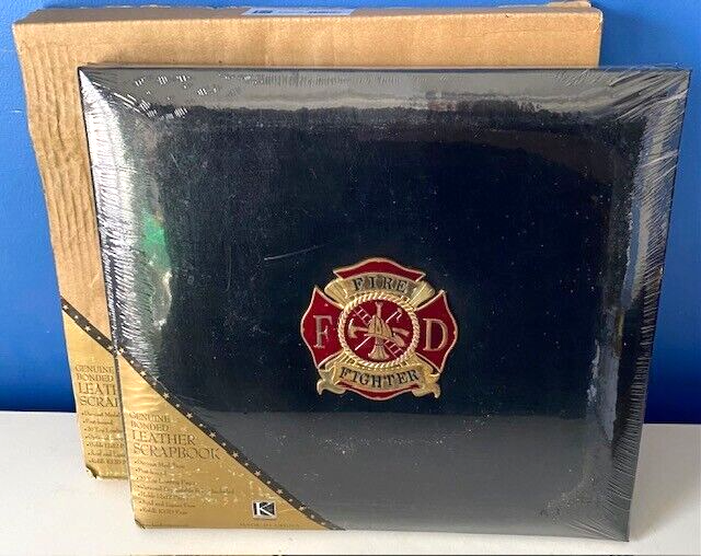 K&COMPANY BONDED LEATHER FIREFIGHTER SCRAPBOOK ALBUM w/DIECAST MEDALLION-NIB
