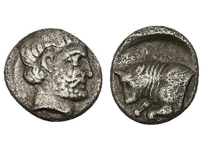 Ancient Greek Silver Diobol Coin - Caria 380-340 Bc - Man And Bull