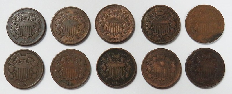 (10) 1864 - 1866 UNITED STATES 2 CENTS CIRCULATED COIN