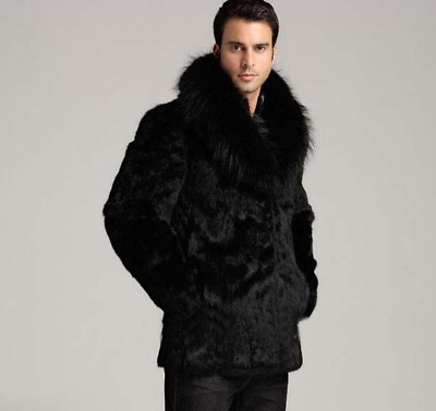 Rabbit Fur Men s Fur Jacket Winter Fox Fur Collar Zip Short Coat