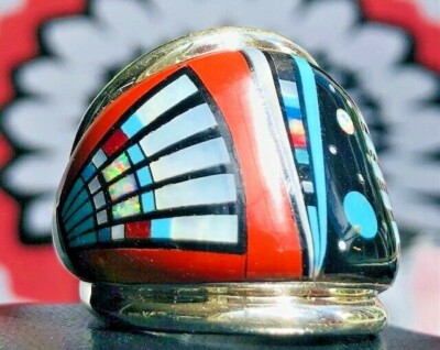 Earth Orange Sky Blue WARRIOR TRIBAL RING WINGS Men's Opal ring 12 Z Turquoise