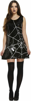 HALLOWEEN SEQUIN SPIDER WEB COSTUME ADULT Ladies Fancy Dress Black Widow NEW UK