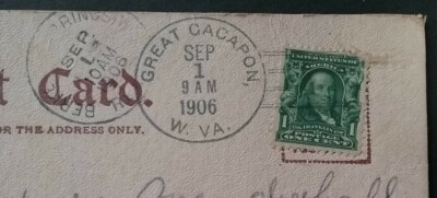 Doane Cancel GREAT CACAPON WV Morgan County 2/4 Sun Greetings Postcard 1906