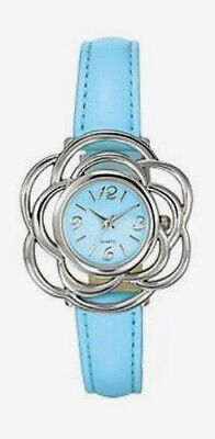 Watch Avon Womens Flower Light Blue Floral Silver Tone Adjustable Leather Band