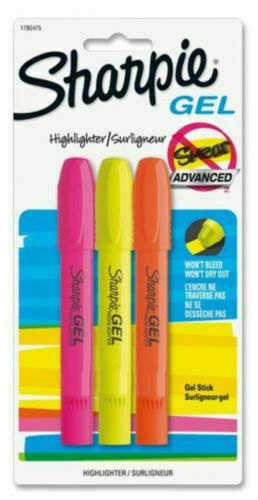 Sharpie Gel Stick Highlighters 3 Colors Won't Bleed or Smear Ink Free Technology